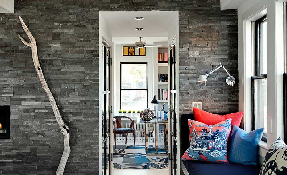 Interior Feature Wall with Grey Stacked Stone Wall Panel - Fireplace Kitchen