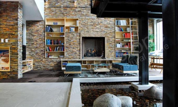 Interior Stacked Stone Wall with Fireplace