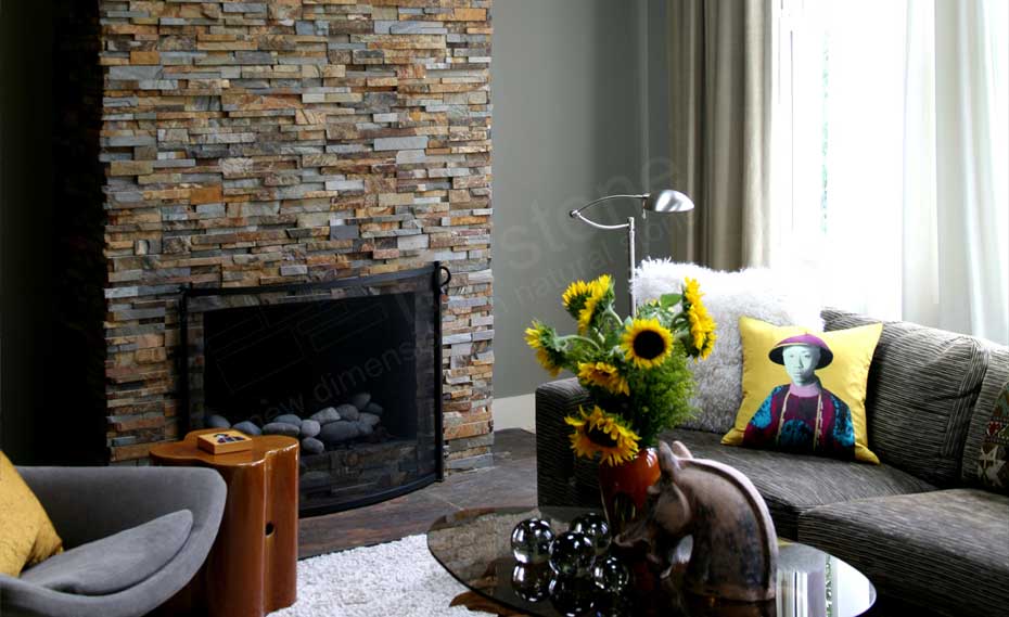 Natural Stacked Stone Veneer Fireplace in a living room made with stacked stone fireplace surround kit in Washington DC