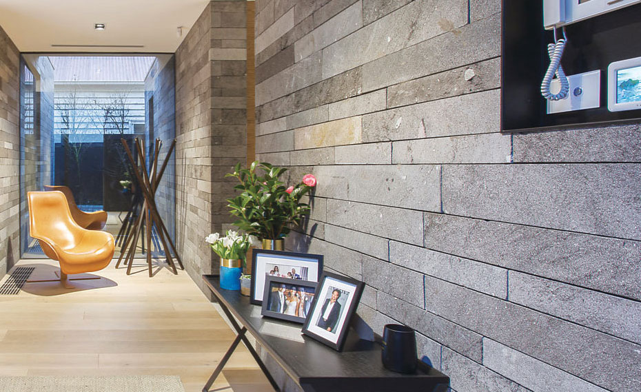 Norstone Planc Strip Stone Veneer on a Living Room Wall