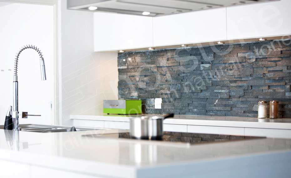 Beautiful Gray Ledgestone Panels Used in a Backsplash application Made from Norstone Charcoal Rock Panel Collection