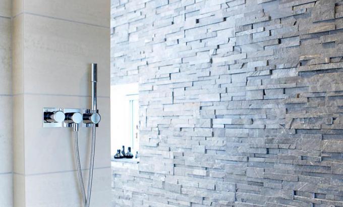 Norstone Charcoal Rock Panels Used in a shower