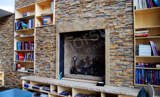 Ochre Blend Stacked Stone Rock Panel Fireplace