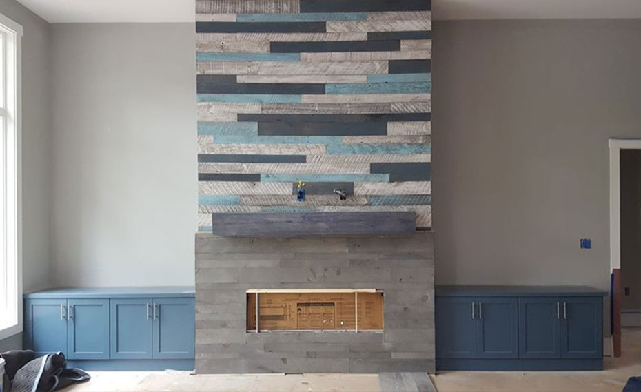 Beautiful Wood Mixed with Linear Grey Stone Fireplace DIY Installation