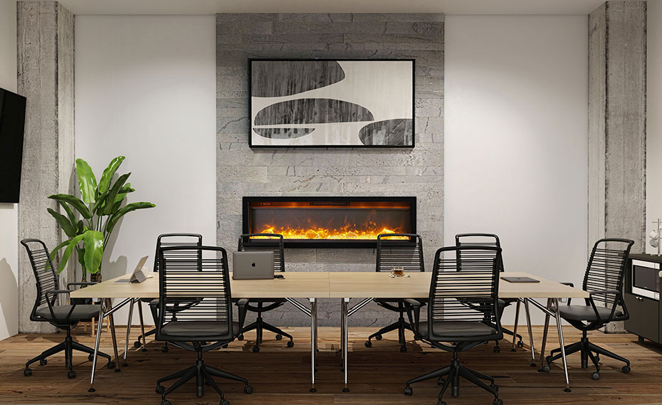 Sleak Conference Room with long table and grey linear stone fireplace design idea
