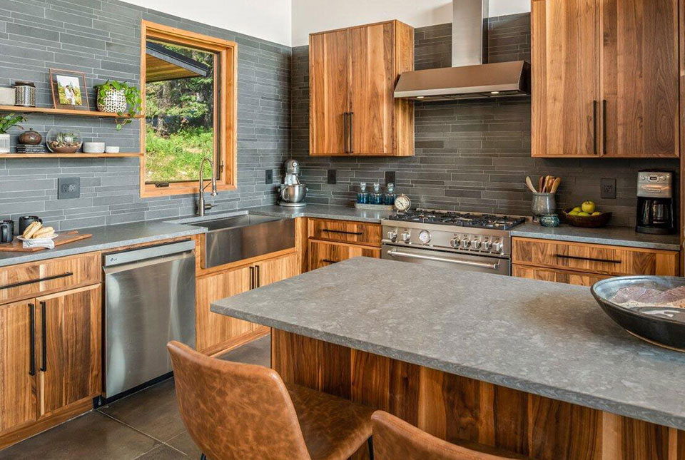 Grey Basalt LYNIA Tile Used as Backsplash on Stunning Rustic Mountanview Cabin Kitchen in Idaho