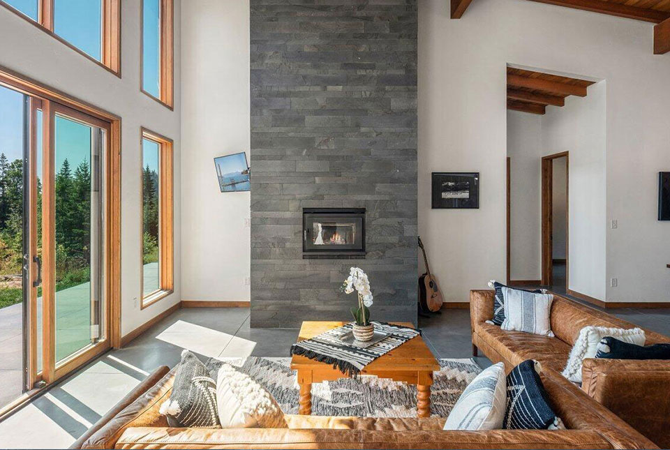 Linear Graphite Stone Cladding on Residential Interior Living Room Fireplace