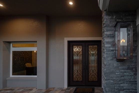 Norstone Charcoal XL Stacked Stone Panels on residential front facade entryway