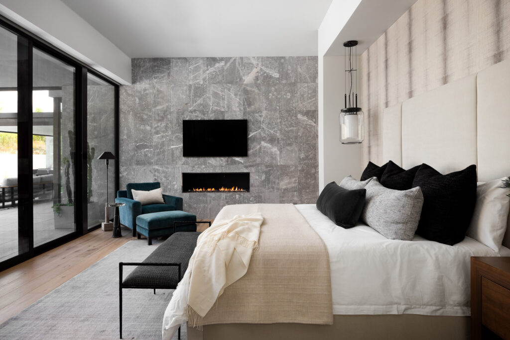 Matteo Linear Raked Stone Tile used in a bedroom setting