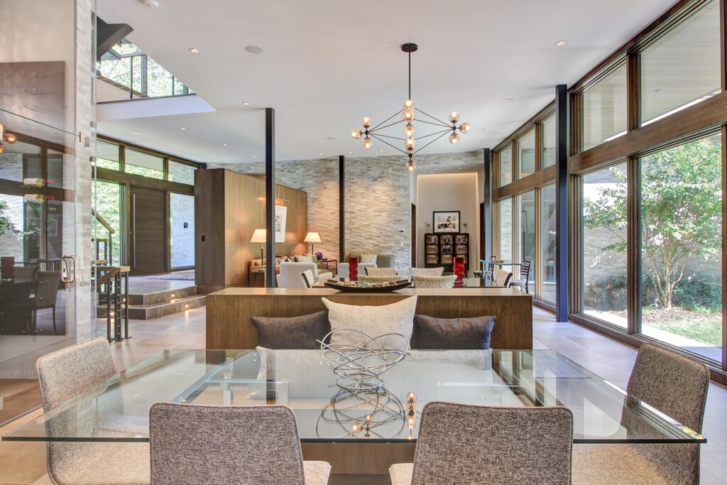 Silva honed 3d Panel on back accent wall of dining and living room area in New Jersey House